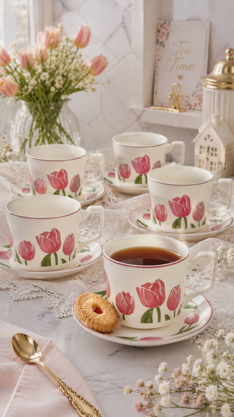 فنجان نعلبکی طرح گل ۱۲ پارچه