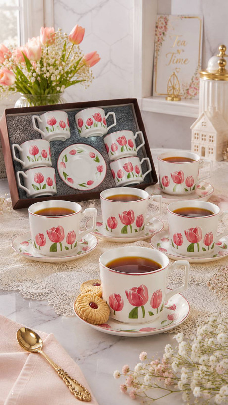 فنجان نعلبکی طرح گل ۱۲ پارچه